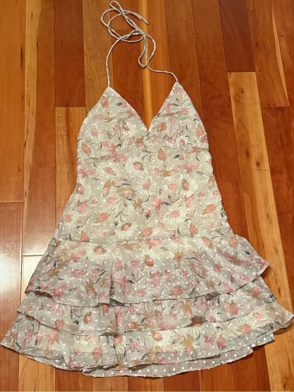 NWT Medium Forever 21 Cream Floral Halter Dress with Pink Accents